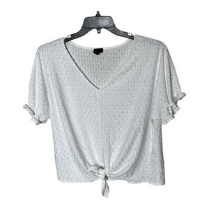 Anthropologie W5 White Eyelet Short Ruffle Sleeve Shirt Top with Tie Size XL